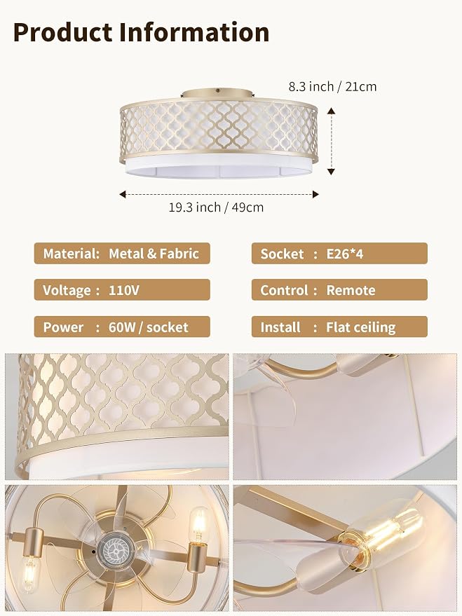 20" Gold Flush Mount Ceiling Fan with Light, Boho Ceiling Fans with Lights, Enclosed with Remote Control 6 Speeds for Living Room, Bedroom, Nursery