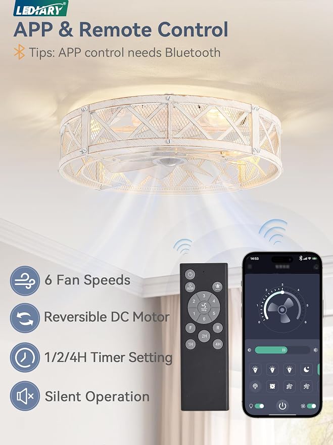 LEDIARY 23" Caged Ceiling Fan with Light, APP&Remote Control, Large Flush Mount Farmhouse Fan Lights, Low Profile Rustic Bladeless Ceiling Fan Fixtures for Bedroom, Kitchen-White Gold Color