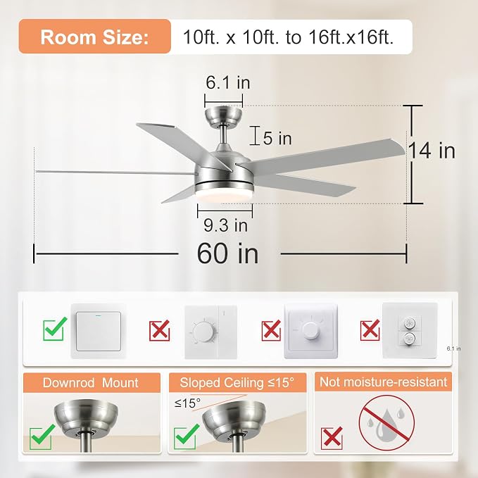 YUHAO 60 Inch Brushed Nickel Ceiling Fan with Light and Remote Control.Noiseless,Dimmable,3CCT,6 Speeds Reversible, DC Ceiling Fans for Indoor or Covered Outdoor Use.ETL Listed