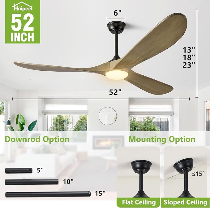 Haipeel 52 Inch Outdoor Ceiling Fans with Lights, Dimmable Solid Wood Ceiling Fan with Light and Remote Control 3 Blades Rustic Propeller Ceiling Fans for Patios Indoor Bedroom, Bronze Gray