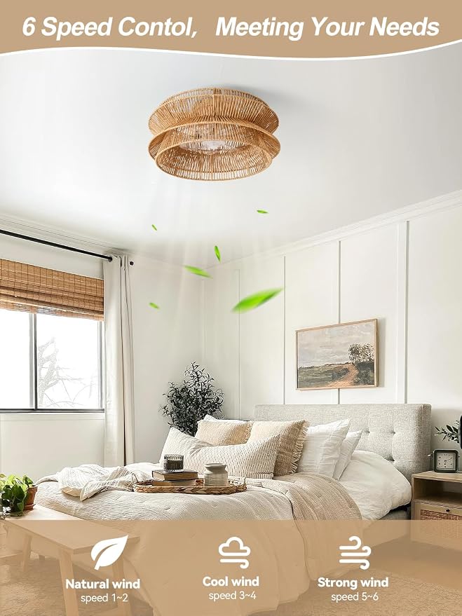 Boho Ceiling Fan with Light, 20'' Coastal Caged Ceiling Fans with Lights and Remote Control, Rattan Flush Mount Fandelier with Reversible 6 Speeds, Low Profile for Bedroom Living Room Dining Room
