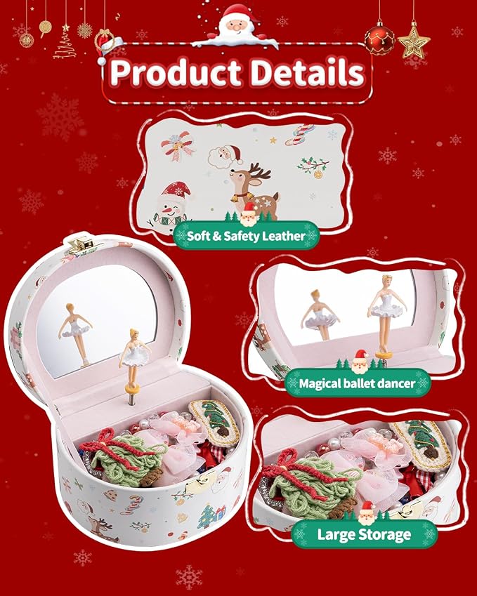VLANDO Gifts for Girl, Musical Jewelry Box for Girls, Small Kid Music Box with Ballerina, Gifts for Christmas Girls Kids - Christmas White