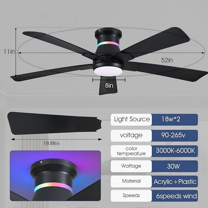 Surtime 52" Black Ceiling Fans with RGB Lights - Flush Mount Ceiling Fan Light with LED 3CCT Dimmable, Modern Low Profile Ceiling Fans for Indoor Party,Covered Outdoor