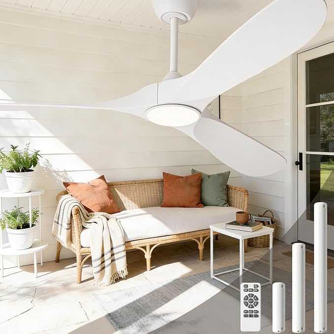 72 inch White Ceiling Fan with Light and Remote, Large Modern Outdoor Ceiling Fans with Lights for Patios Porch Indoor Living Room Bedroom Wood 3 Blade Propeller High CFM Damp Rated Fan