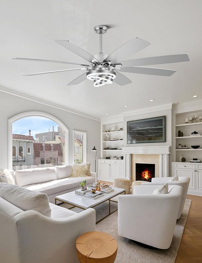 72" Large Modern Ceiling Fans with Lights and Remote Control | Remote control, 6-speed reversible DC motor, dimmable, 3 adj rings, dual finish; recommended for living room and kitchen.