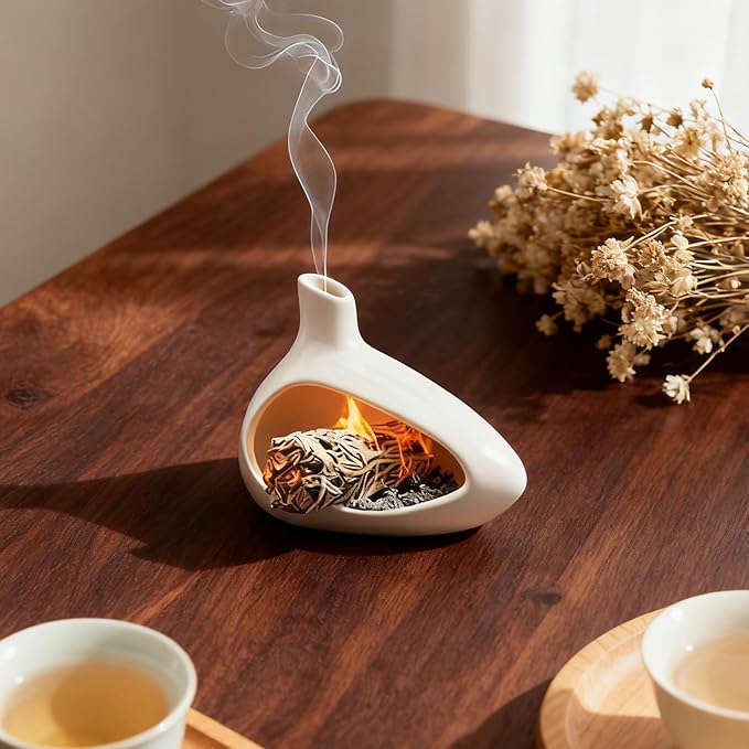 Palo Santo Holder, Ceramic Incense Burner for Sticks Sage Holders Cone Burning Smudge Bowl with Ash Brush for Meditation Yoga Spa Room Decor (White)