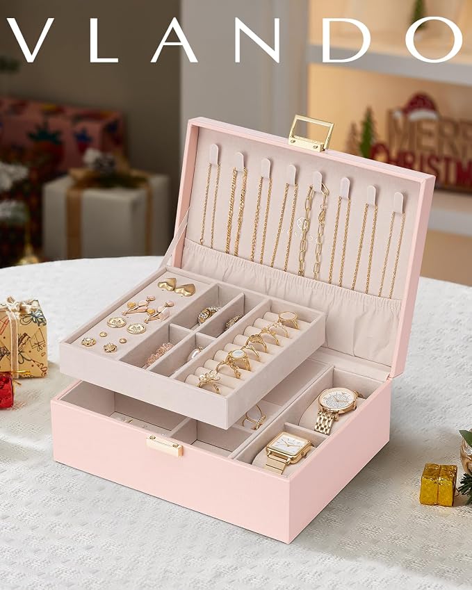 VLANDO 2 Layer Jewelry Box Large Jewelry Organizer for Women Removable Jewelery Tray with Watch Pillow for Necklace Earrings Rings Bracelets Jewelry Boxes for Holidays Gifts (Pink)