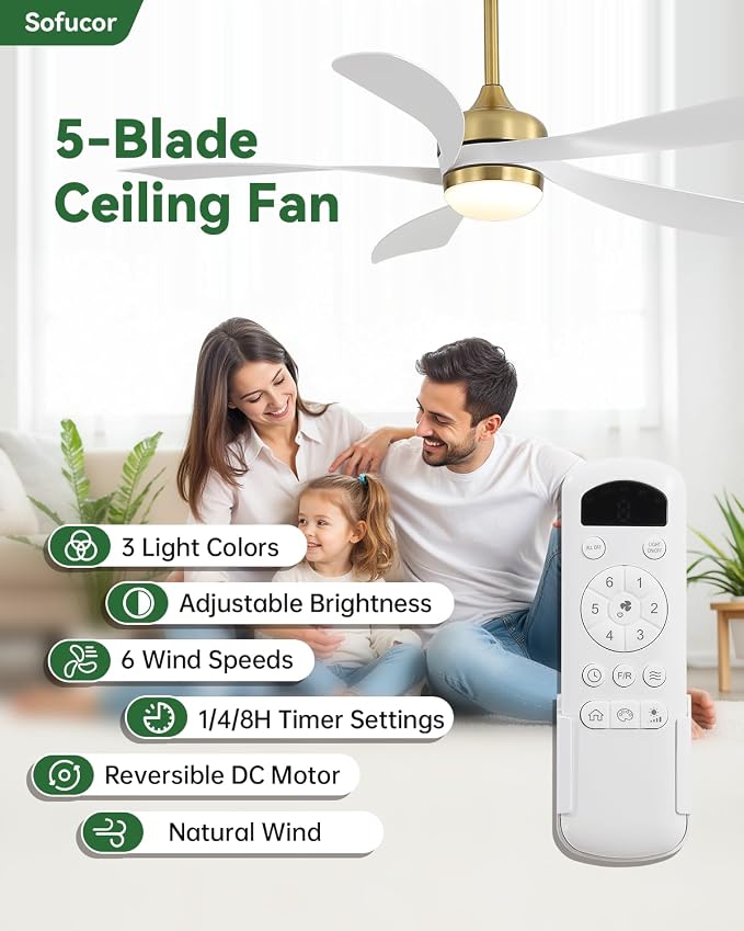 Sofucor 52 Inch Ceiling Fans with Lights and Remote, Outdoor Ceiling Fan with Light 6-Speed 3 CCT 3-Timer, Modern Low Profile Ceiling Fan 5 Blade Reversible DC Motor for Living Room Bedroom Patio