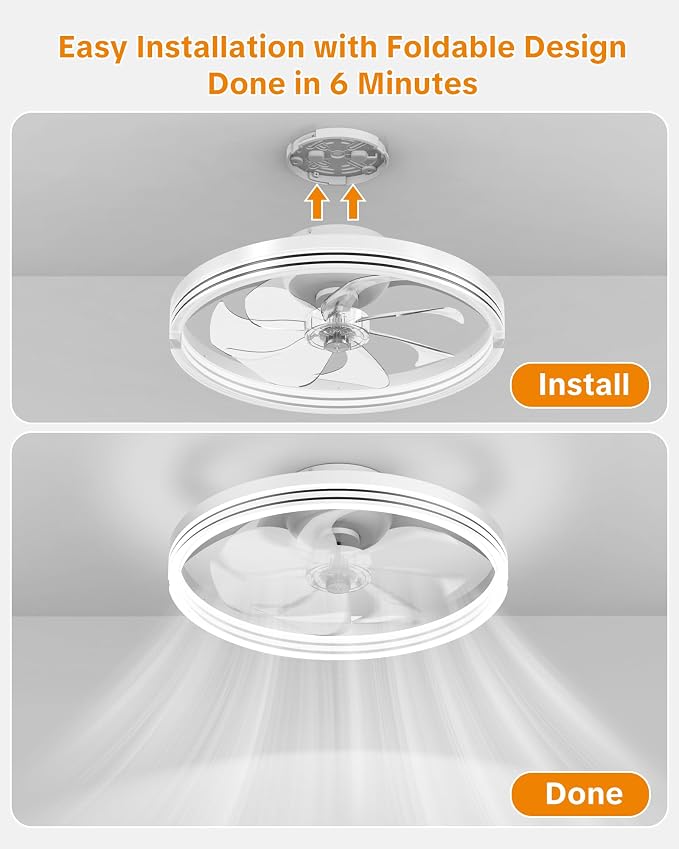 Ceiling Fans with Lights and Remote, Low Profile Ceiling Fan, Morden Flush Mount LED Fan Light, 3000K-6500K Dimmable for Bedroom, Kitchen, Living Room, Striped, White