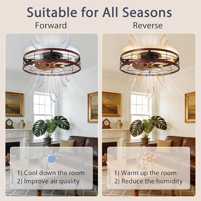 VOLISUN Farmhouse Caged Ceiling Fans with Lights Flush Mount, 23.6'' Rustic Low Profile Ceiling Fan with Light and Remote, Bladeless Fandelier Ceiling Fans with Lights for Kitchen, Bedroom(Wood)