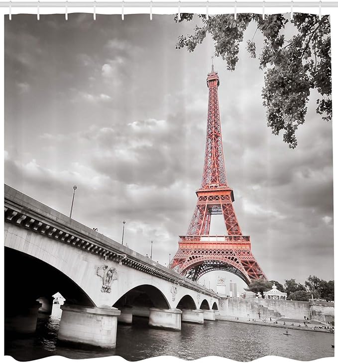 Ambesonne Paris Shower Curtain, Eiffel Tower Bridge Capital City Cloudscape Monochrome Style Picture Print, Cloth Fabric Bathroom Decor Set with Hooks, 69" W x 70" L, Dimgray Salmon
