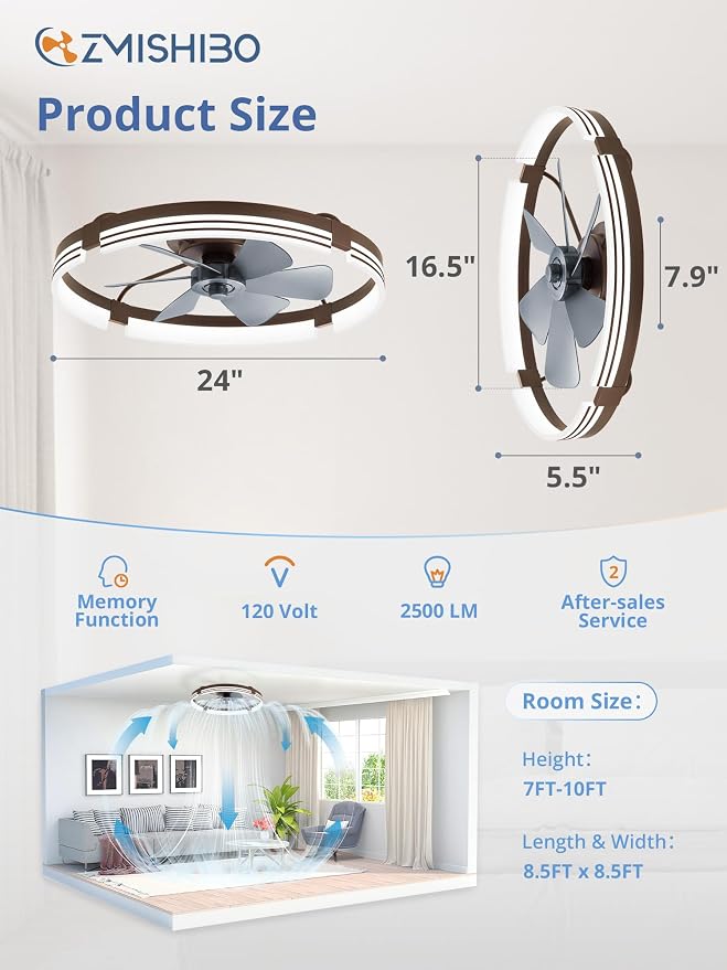 ZMISHIBO 24 Inch Low Profile Ceiling Fans with Lights and Remote, 3000K-6000K Dimmable Fandelier LED Fan Light, Flush Mount Ceiling Fan with Light, 6 Wind Speeds Ceiling Fans for Bedroom- Brown