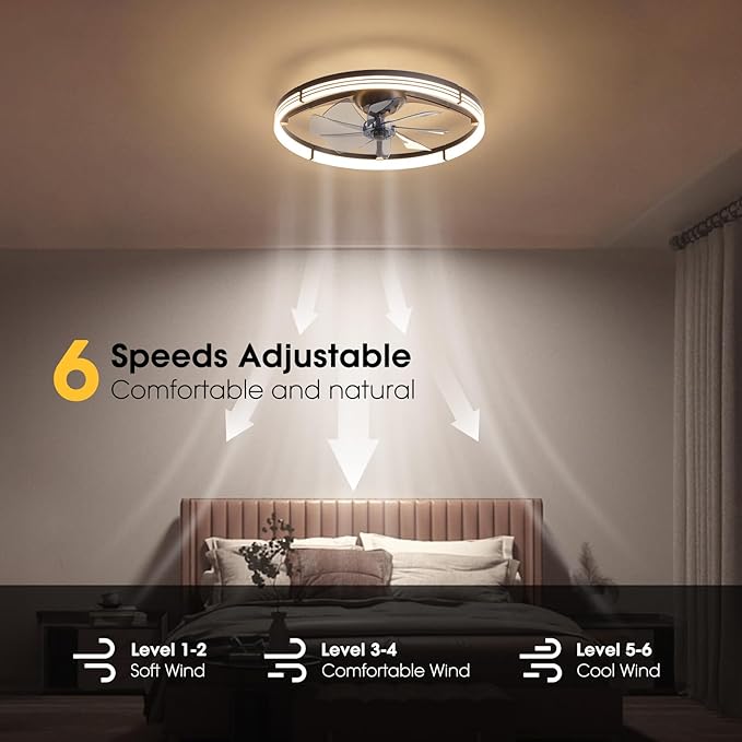 LUDOMIDE 24 Inch Ceiling Fans with Lights and Remote, Modern Low Profile Ceiling Fan, Dimmable LED Light, Quite Reversible DC Motor, 6 Wind Speeds Flush Mount Ceiling Fans for Bedroom Indoor