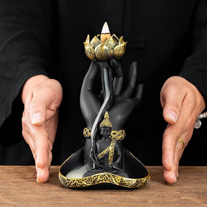 Hand-Held Lotus Backflow Incense Burner & Candle Holder - Zen Waterfall Incense Fountain with Buddha Statue, Resin Incense Burner for Home Decor, Meditation & Yoga Relaxation