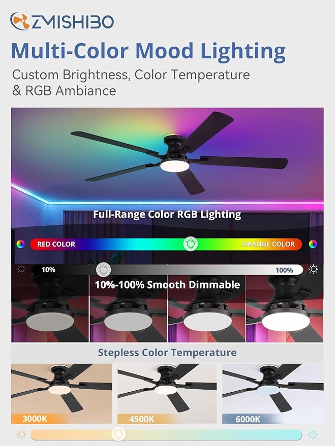 ZMISHIBO 60 Inch Ceiling Fans with RGB Lights, Low Profile Flush Mount Ceiling Fan with Alexa/App/Remote, Dimmable 20W LED Light, Black Modern Fan for Living Room, Bedroom, Game Room