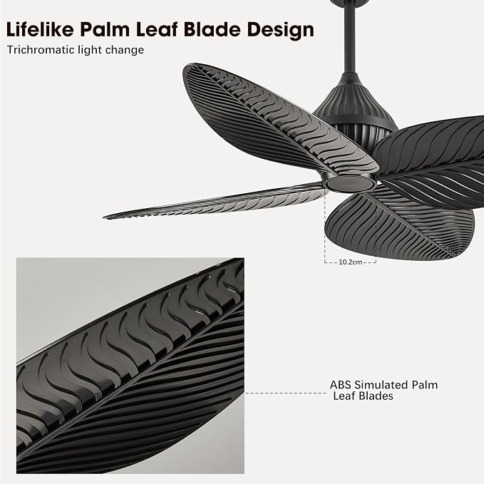 52" Black Tropical Ceiling Fans, Flush Mount Palm Leaf Ceiling Fan no Light, Indoor Ceiling Fans Without Light for Living Room Bedroom Kitchen Covered Gazebo, APP and Remote Control