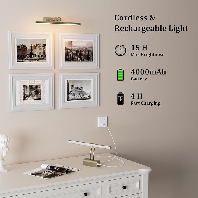 Picture Light for Wall, Antique Brass, Battery Operated