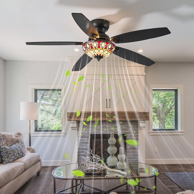 Tiffany Ceiling Fans with Lights - 52" Ceiling Fan Chandelier with 5 Dual-Blades and Glass Shade, 6 Speeds and Reversible, Indoor and Outdoor, Retro Style