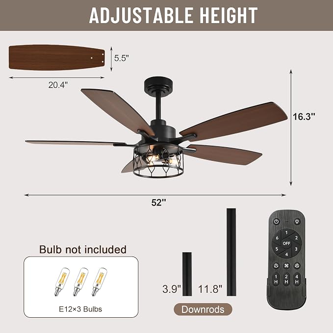 52'' Rustic Caged Ceiling Fan with Light and Remote Control | Reversible Quiet DC Motor,6 Speed,Timer Dual-Sided Wood Blades,Farmhouse Ceiling Fan for Living Room,Dining Room,Bedroom