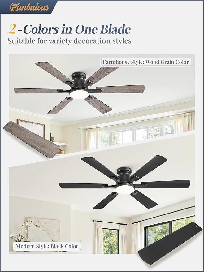 Fanbulous 52 Inch Ceiling Fan with Lights, APP & Remote Control, Flush Mount Low Profile Black Ceiling Fan, 3000-6000K Dimmable LED, Quiet Reversible Motor, 6 Blades, 6 Speeds, for Bedroom Living Room
