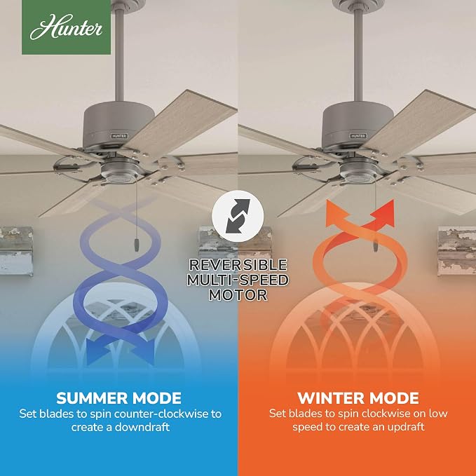 Hunter Gilrock, Indoor, Ceiling Fan, No Light, 52 inch, Matte Silver | Standard Mount, Pull Chain, 6 Blades, For Bedroom, Living Room, Kitchen, 52353