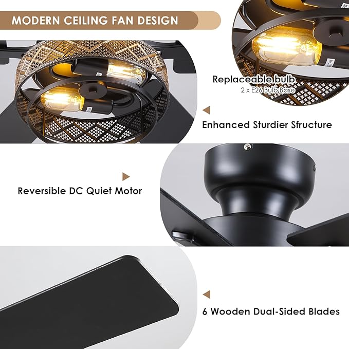 Hounberi 48 Inch Ceiling Fans with Lights and Remote Control, Flush Mount Industrial Black Ceiling Fan, Dual Finish 6 Blades, Reversible DC Motor, Rustic Caged Ceiling Fans for Living Room Bedroom