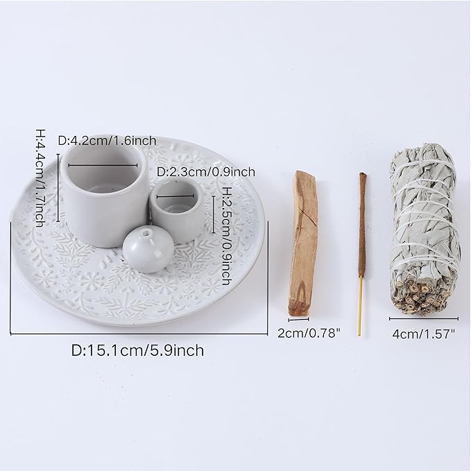5 in 1 Incense Holder Burner, 5.9" Ceramic Holder for Burning Palo Santo Sage Candle and Incense Sticks Cones, Ash Catcher Tray for Meditation Room Home Décor (White)