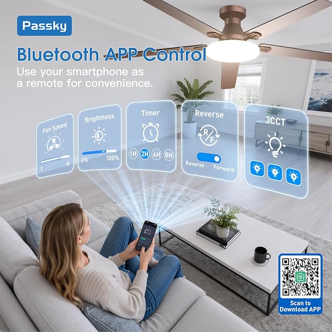 Passky Ceiling Fans with Lights, 60 inch Flush Mount Ceiling fan with Remote Control, Low Profile Ceiling Fan for Bedroom, Farmhouse, Reversible, 3CCT, Dimmable, Noiseless DC Motor, Brown