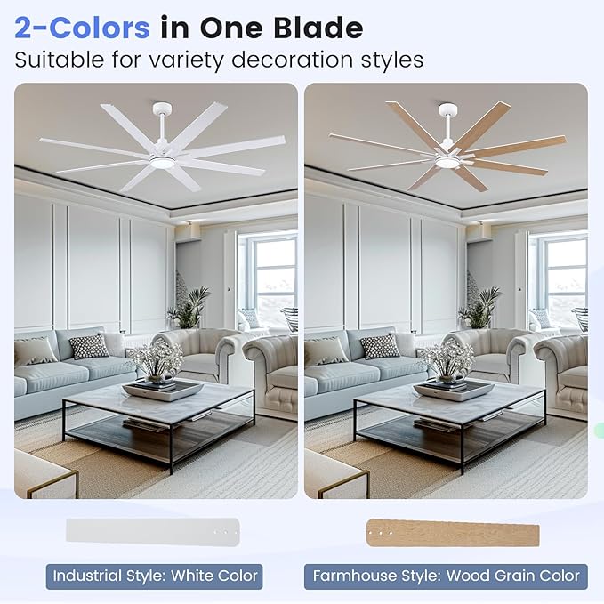 Newday 72 inch Large Ceiling Fans with Lights and Remote, Indoor/Outdoor White Ceiling Fan for Living Room Patio, 6 Speeds Silent Reversible DC Motor, 3CCT, Timer, 3 Downrods, 8 Blades