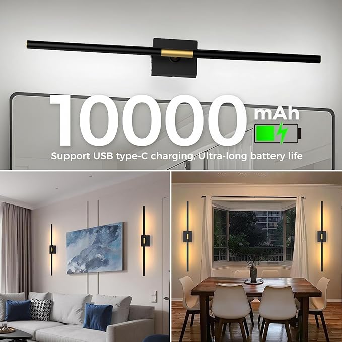 iThird Battery Operated Wall Sconces Set of 2: 10000mAh Rechargeable Wall Lights with Remote Control, 360° Rotate Wireless Wall Scone Decor for TV/Mirror Bedroom Living Room, 31.5 Inch, Black