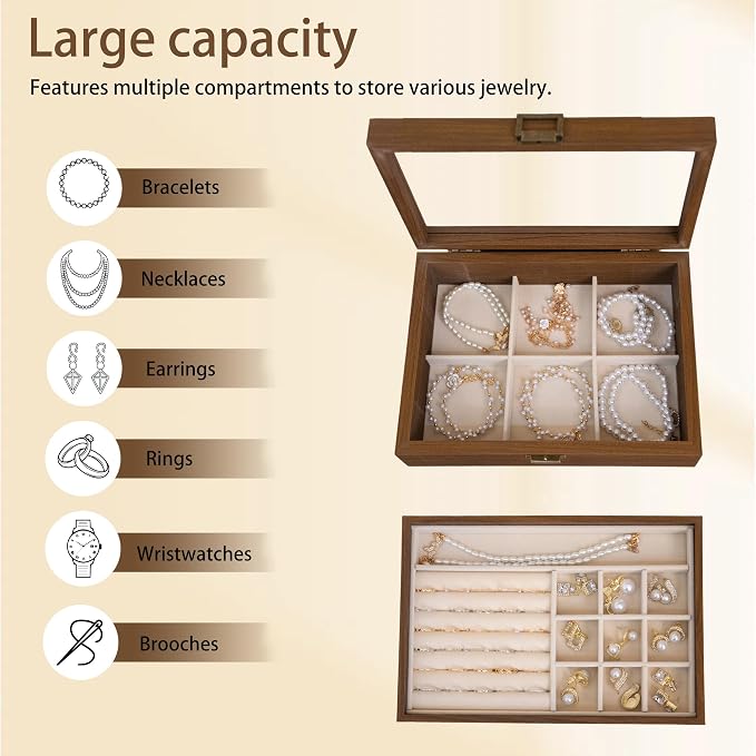 2-Layer Glass Lid Walnut Jewelry Box for Women, Vintage Style Solid Wood Jewelry Organizer and Display Case, Ideal Gift for Rings, Earrings, Necklaces & Bracelets