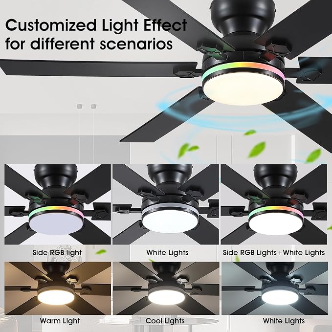 52"6-Blade Black Modern Low Profile RGB Ceiling Fans with Lights and Remote | 14 RGB Modes ,6 Wind Speeds, Reversible, Dimmable 3 Light Colors LED Light, Noiseless Quiet DC Motor,6 Double-Sided Blades