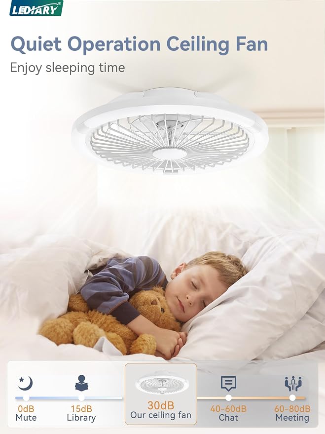 LEDIARY 20" Bladeless Ceiling Fan with Light,Low Profile LED Ceiling Fans with Remote & Smart APP Control,Modern Enclosed Flush Mount Fandelier with Timming,6 Speed,3000-6000K,Bedroom,Kids Room-White