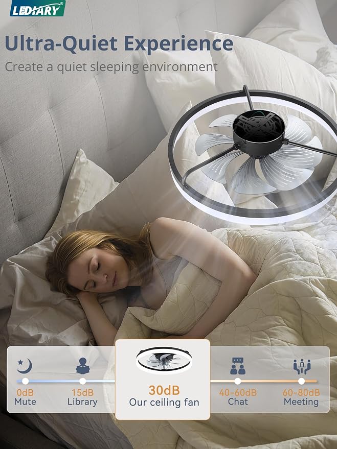 LEDIARY Ceiling Fans with Lights, 23 inch Low Profile Flush Mount Ceiling Fan, Dimmable LED, APP & Remote Control, Quiet Reversible DC Motor, 6 Speeds, Fandelier for Bedroom, Black