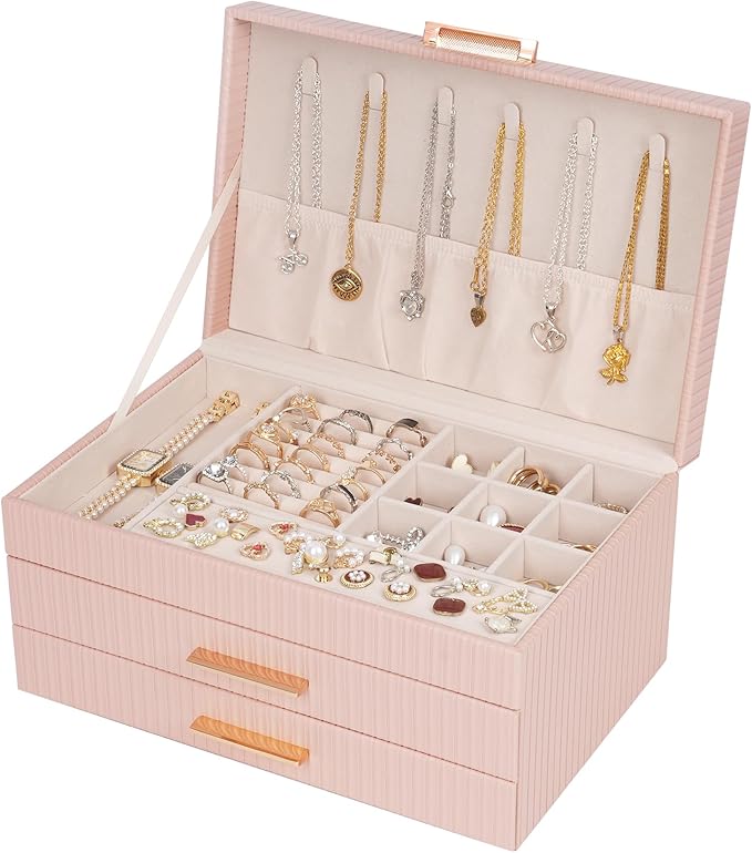 Dajasan Jewelry Box Organizer, 3-Tier Jewelry Storage Organizer with 2 Drawers, Large Jewelry Box for Girls Women, PU Leather Surface with Texture, Gift Idea, Modern Style (Pink)