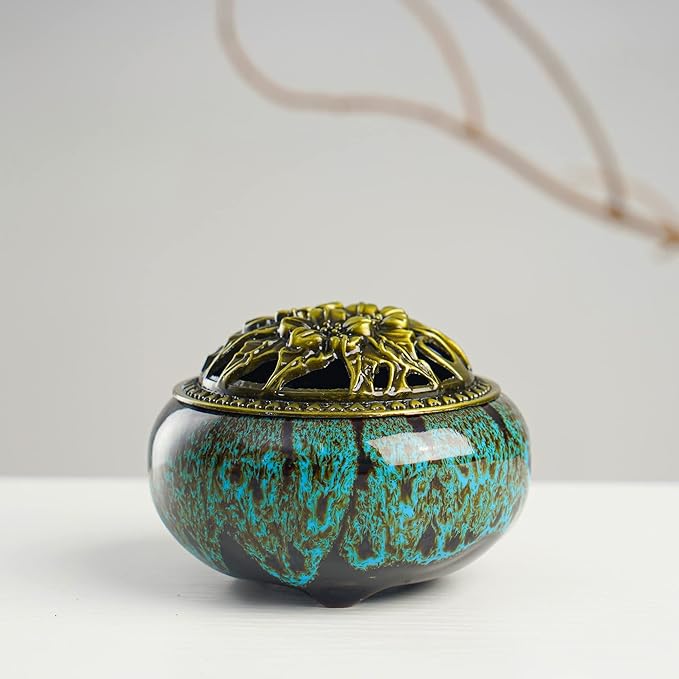 Incense Burner with Calabash Incense Stick Holder - Porcelain Charcoal Censer for Use with Resin Granular Powder Cone or Coil Incense (Kiln-Colored Blue)