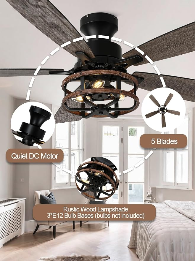 52" Farmhouse Rustic Ceiling Fan with Lights Remote Flush Mount | Rustic Caged Fandelier Low Profile Chandelier, for Bedroom Living Room, 5 Dual Blades Quiet Reversible DC Motor 6 Speeds