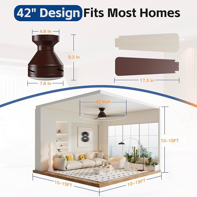Ceiling Fans with Lights, 42 Inch Ceiling Fan with Light And Remote, 3CCT Flush Moun Low Profile Ceiling Fans, 6 Speed Noiseless LED Ceiling Fan, Advanced Brown Ceilings Fan for Bedroom Living Room