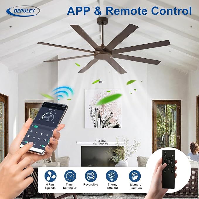 Depuley Large Ceiling Fan without Light: 66 Inch Indoor/Outdoor Fan Reversible DC Motor 6 Speed - Dual 8 Blades Big Ceiling Fans with No Light for Living Room Covered Patio, Brown