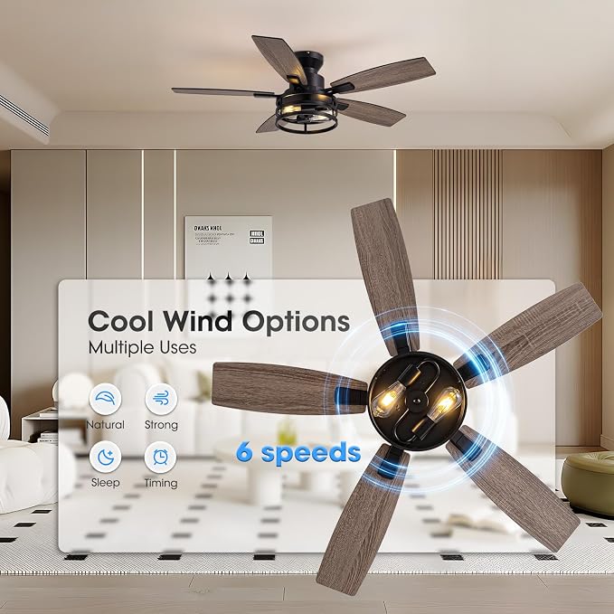 46 Inch Ceiling Fans with Lights and Remote Control, Flush Mount Black Ceiling Fan with Light, Industrial Retro Style, Indoor for Bedroom Living Room 8837X