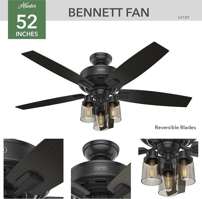 Hunter Bennett, Indoor, Ceiling Fan, Standard Mount, 52 inch, Matte Black