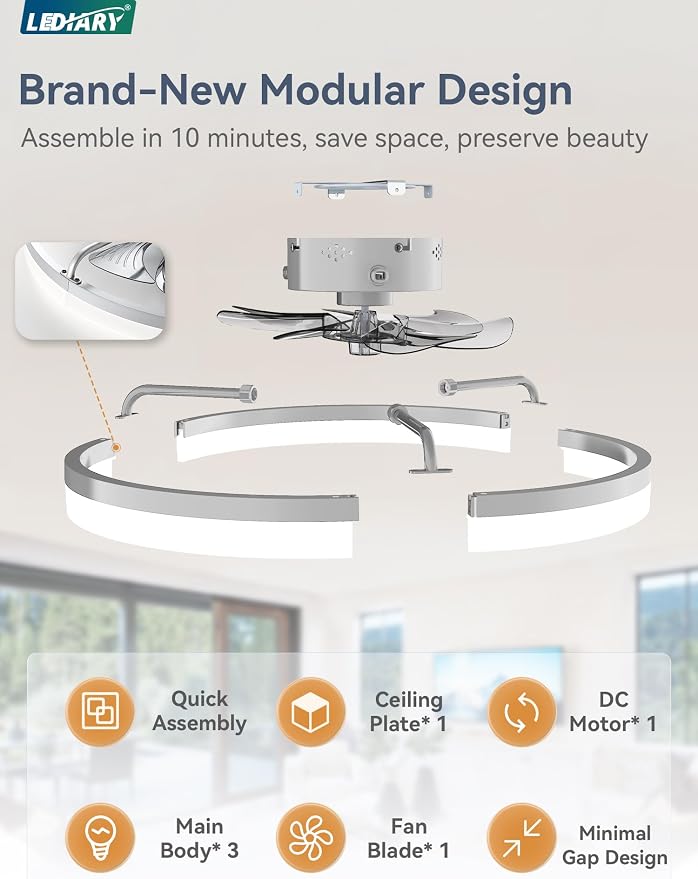 LEDIARY Ceiling Fans with Lights, 23 inch Low Profile Flush Mount Ceiling Fan, Dimmable LED, APP & Remote Control, Quiet Reversible DC Motor, 6 Speeds, Fandelier for Bedroom, Grey