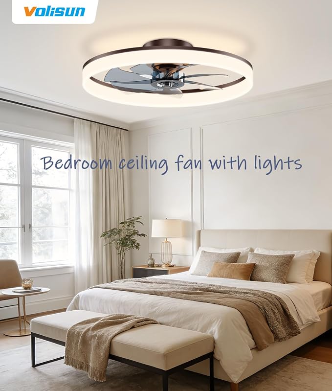 VOLISUN Low Profile Ceiling Fans with Lights and Remote, 24in Fandelier Ceiling Fan Flush Mount, 3000K-6500K Smart Bladeless LED Fan Light, Brown Modern Ceiling Fans with Lights for Bedroom