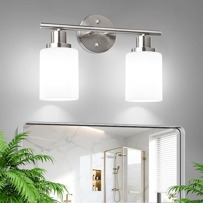 Unicozin 2 Light Bathroom Light Fixtures, Modern Vanity Lights with Milky White Glass Shade, Brushed Nickel Wall Lamp Over Mirror for Bathroom, Living Room, Cabinet, Bedroom, E26 Base