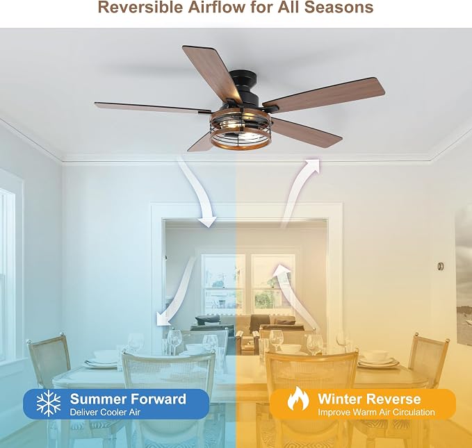 Qcyuui 52" Ceiling Fans with Lights and Remote Farmhouse Ceiling Fan with Light, 6-Speed Reversible DC Motor, Dual Finish 5 Blades, Rustic Caged Ceiling Fan for Bedroom Living Room,Black Walnut