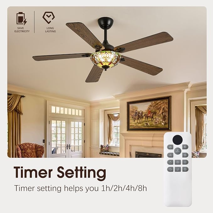 52" Tiffany Style Ceiling Fans with Lights, Vintage Chandelier Ceiling Fan with Stained Glass Shade, Dimmable LED, 6 Speeds Reversible for Bedroom (Art Nouveau)