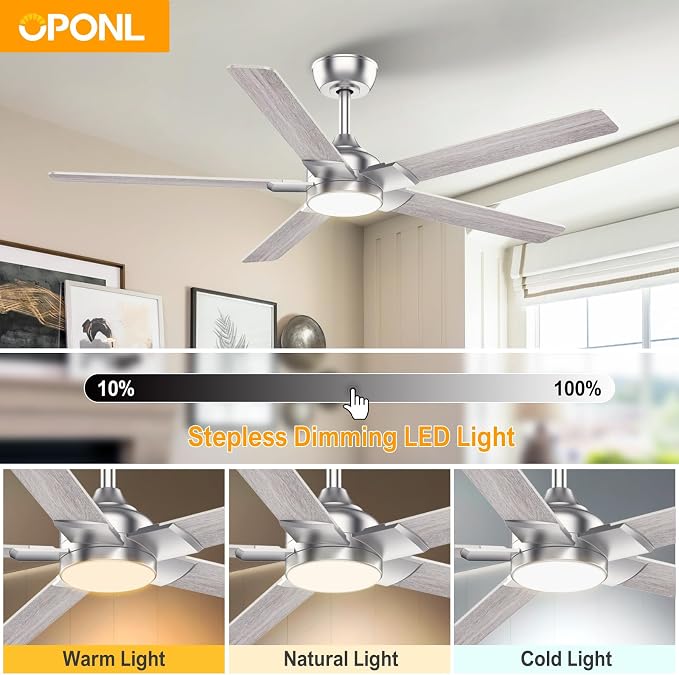 OPONL Ceiling Fan with Light, Ceiling fan with Light and Remote Control, Reversible, 6CCT, Dimmable, Noiseless, Ceiling Fan for Bedroom, Indoor/Outdoor Use, Nickel, 52 inch, Modern