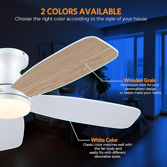 JSAITEE Flush Mount Ceiling Fans with Lights - 48in Low Profile Ceiling Fan with Light and Remote, DC Motor Quiet Operation, 3CCT Dimmable, Timer, Modern Fan Light for Indoor, Bedroom, Kitchen, White