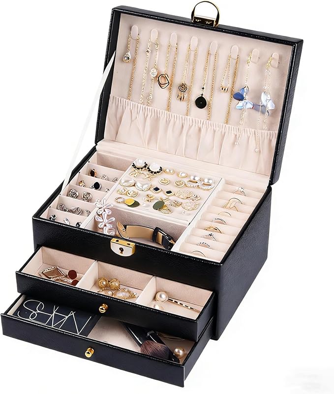 3 Layer Jewelry Box Organizer with Drawers, Lockable Holder for Women Girls | Large Capacity Storage Case with Velvet Lining, Earring Slots, Ring Cushions, Necklace Hooks, Elegant Gift for Mom