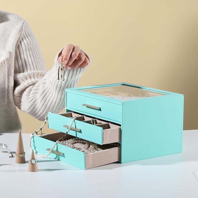 Frebeauty Jewelry Box for Women,Clear Lid Jewelry Organizer with 3 Drawers | Faux Leather,Velvet Lining,3 Layers,Jewelry Storage for Ring Earring Stud,Dustproof Design,Gift Choice,Golden Stylish Handle